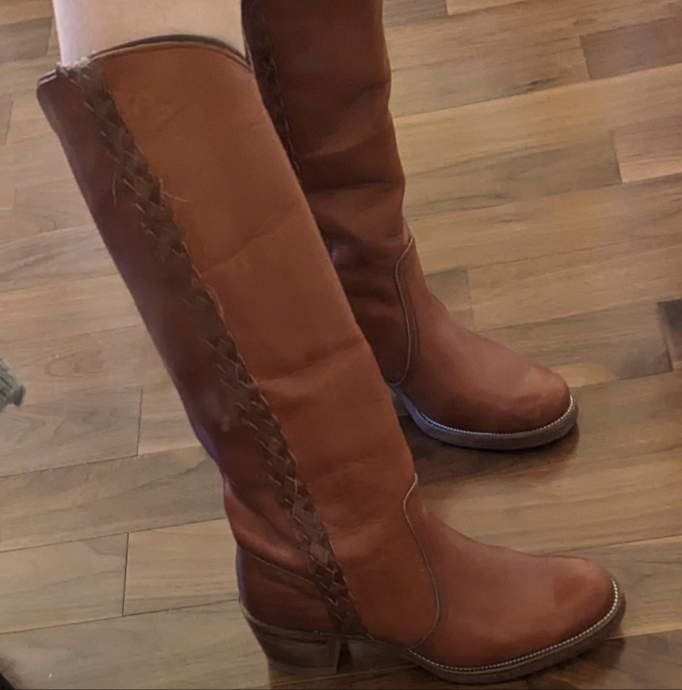Fyre Vintage Brown Leather Knee-High Boots with Braid, 8.5 W